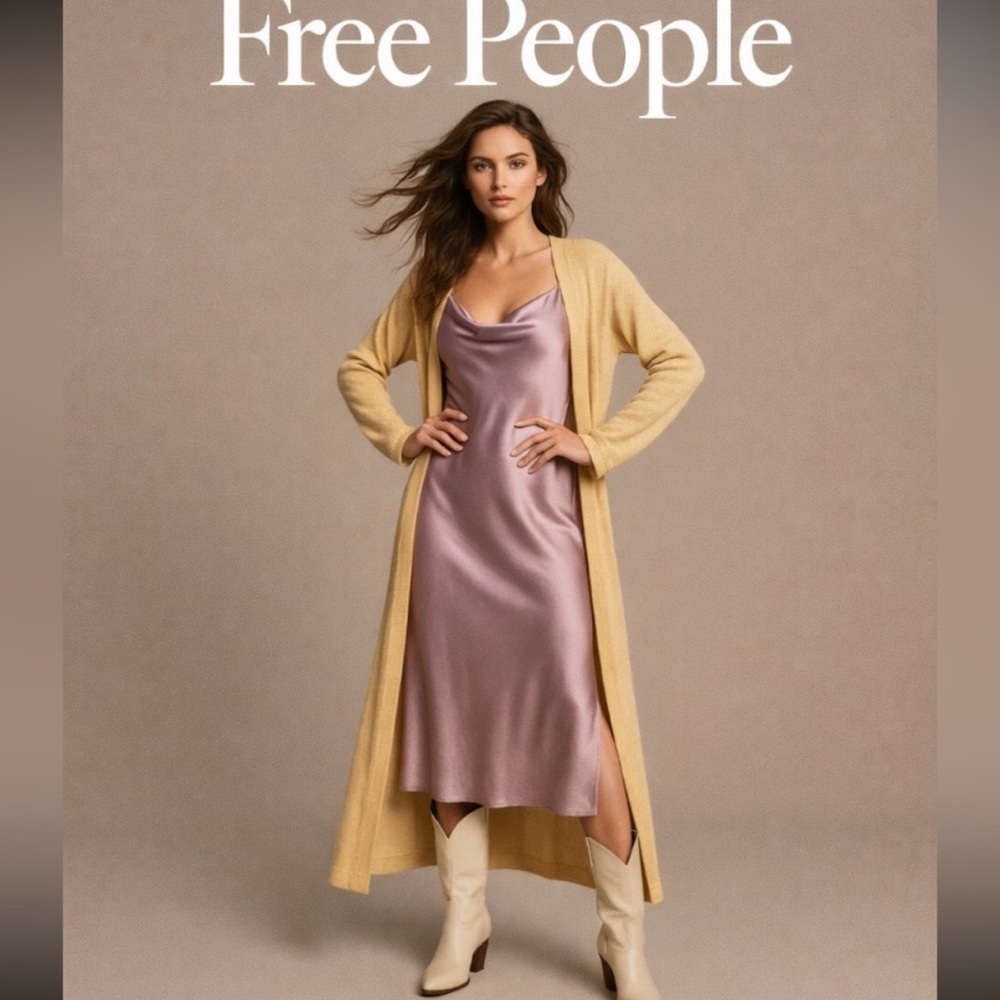 Free People Beach yellow long open front cardigan, size XL